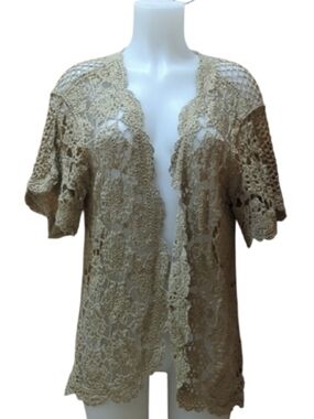 Size 2X Nina Leonard Crochet Lace Open Front Cardigan - Beige